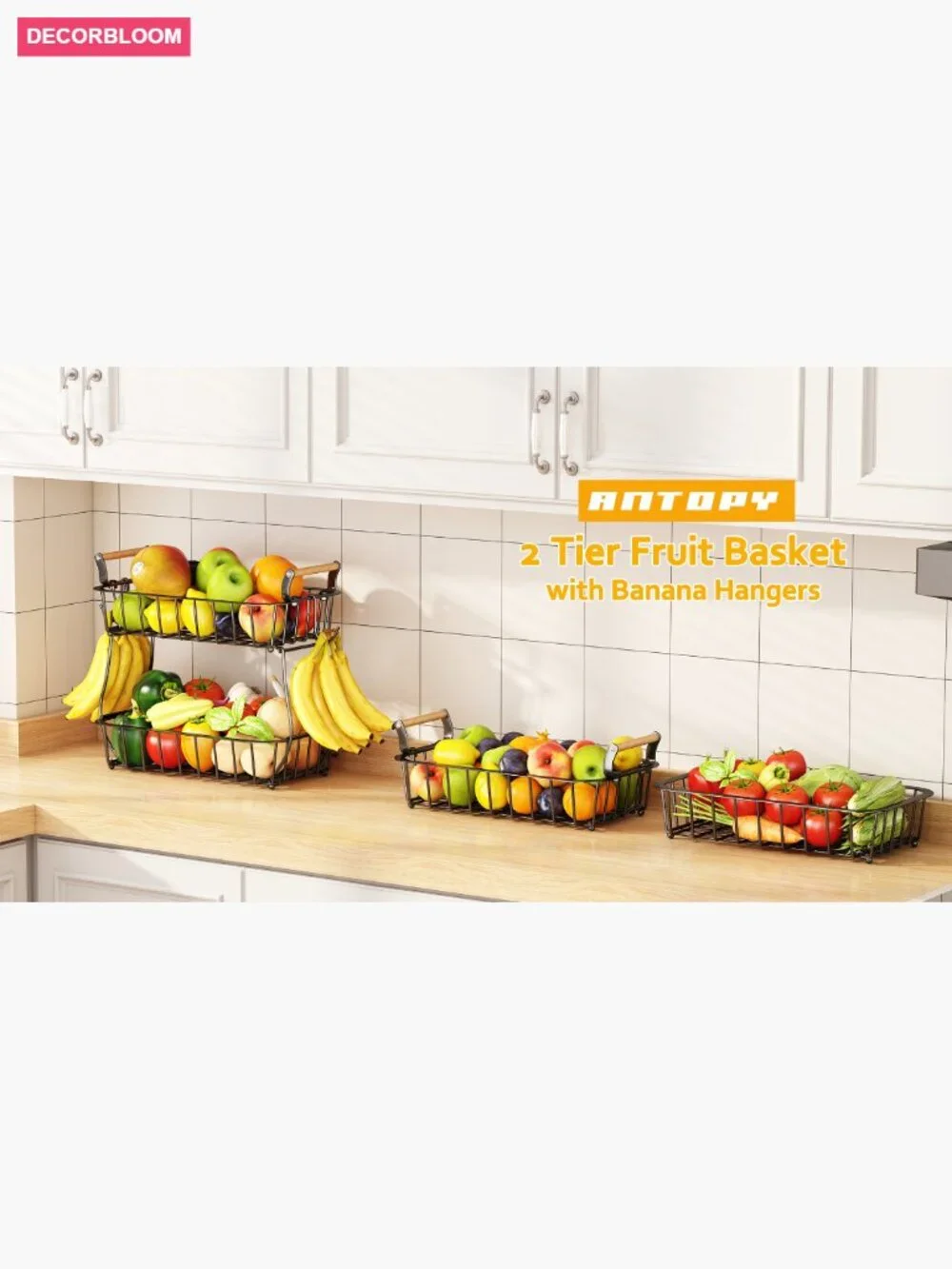 2 Tier Metal Fruit Basket with Banana Hangers, Countertop Storage